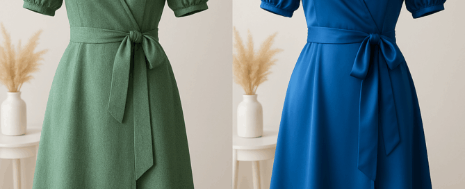 Dos vestidos: uno verde y otro azul con el mismo patrón sobre maniquí