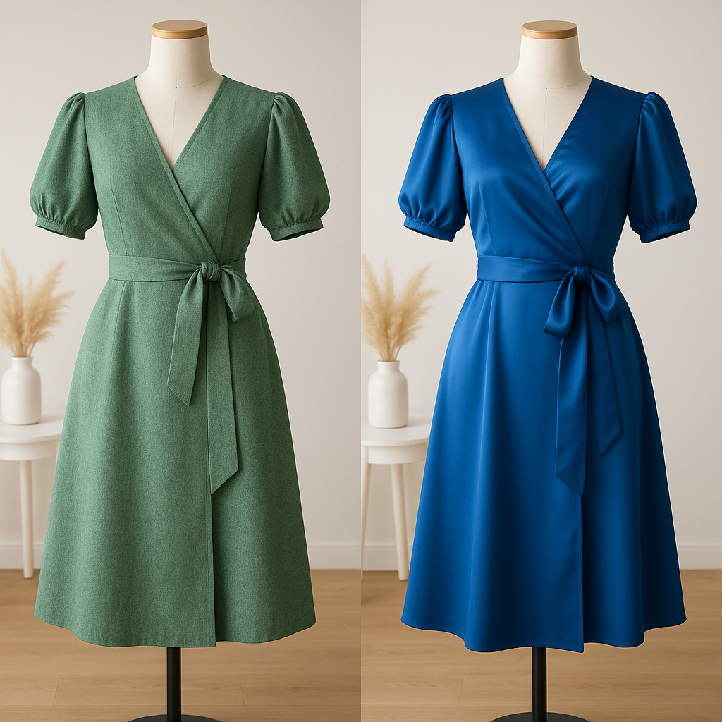 Dos vestidos: uno verde y otro azul con el mismo patrón sobre maniquí
